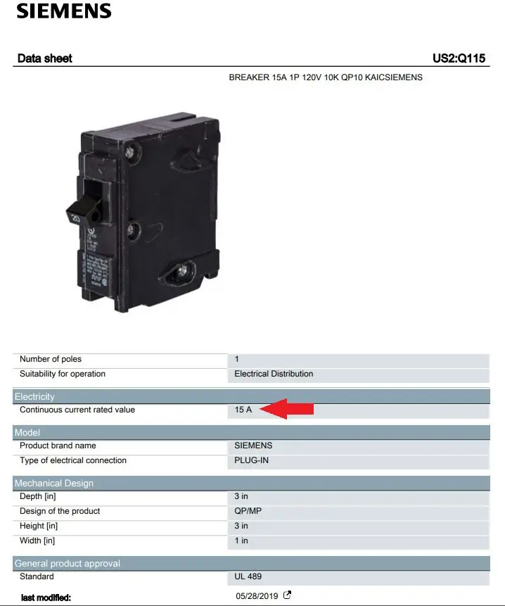 15A circuit breaker spec sheet